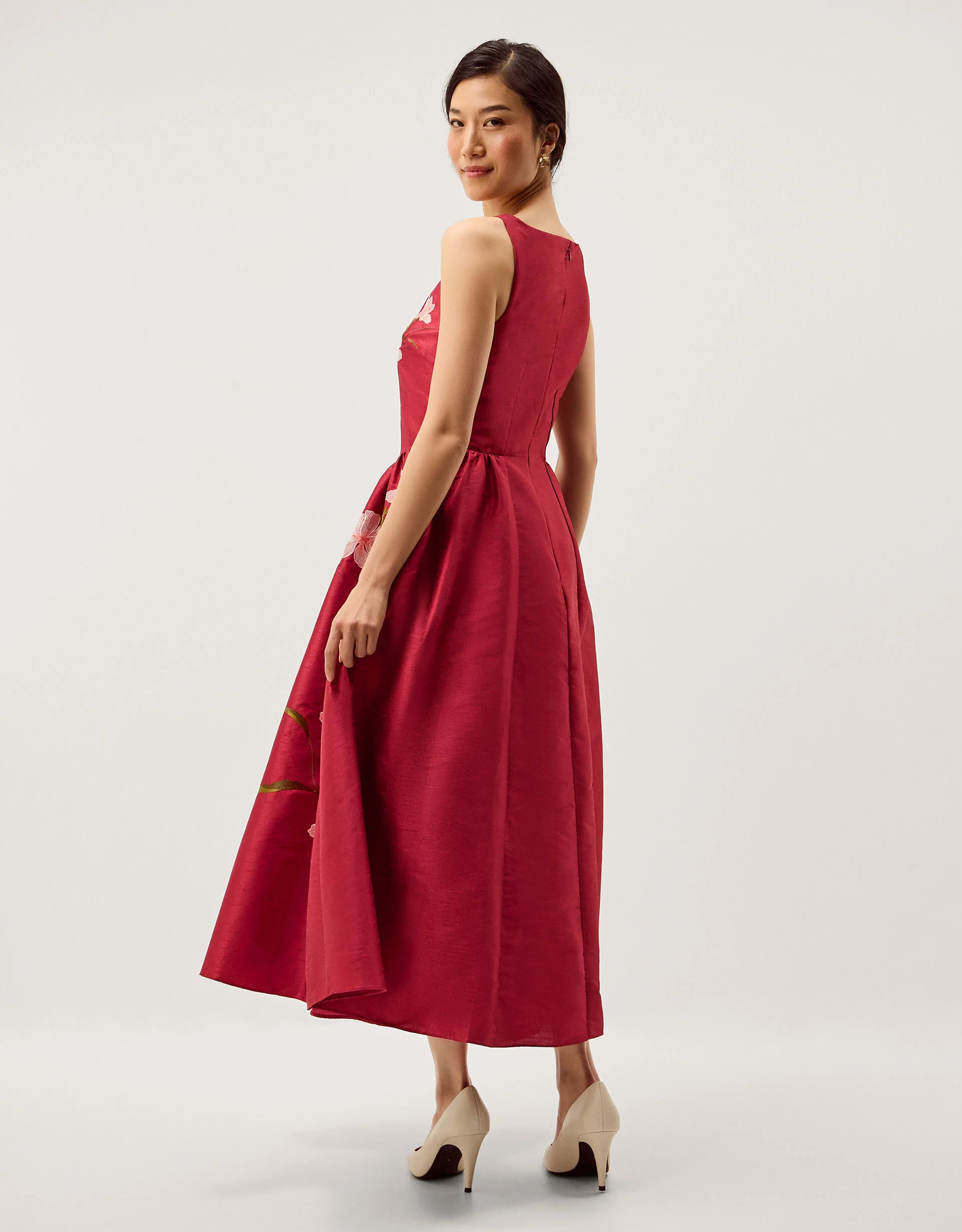 Anya Floral Embroidered Fit & Flare Midi Dress Pink | Monsoon (UK)