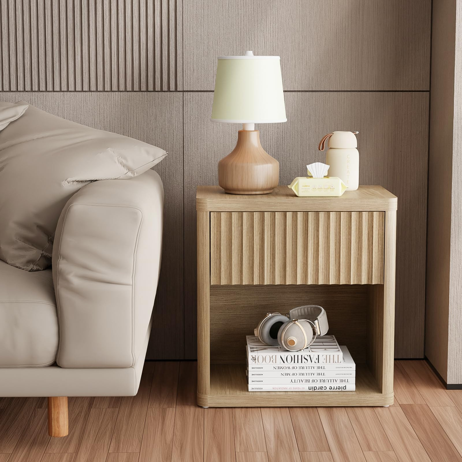 Large Modern Nightstand with Drawer Storage 22.8Inch Wide Fluted Bedside Table End Table for Bedr... | Amazon (US)