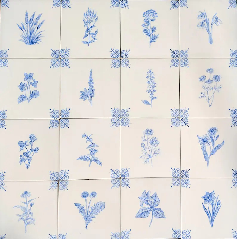 Handmade & Hand Painted Flower Motif Delft Inspired Porcelain Ceramic Tiles for Kitchen Bathroom ... | Etsy (Global)
