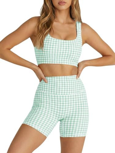 Aoysky Womens Workout Gingham 2 Piece Outfits Padded Open Back Crop Tank High Waist Sports Shorts... | Amazon (US)