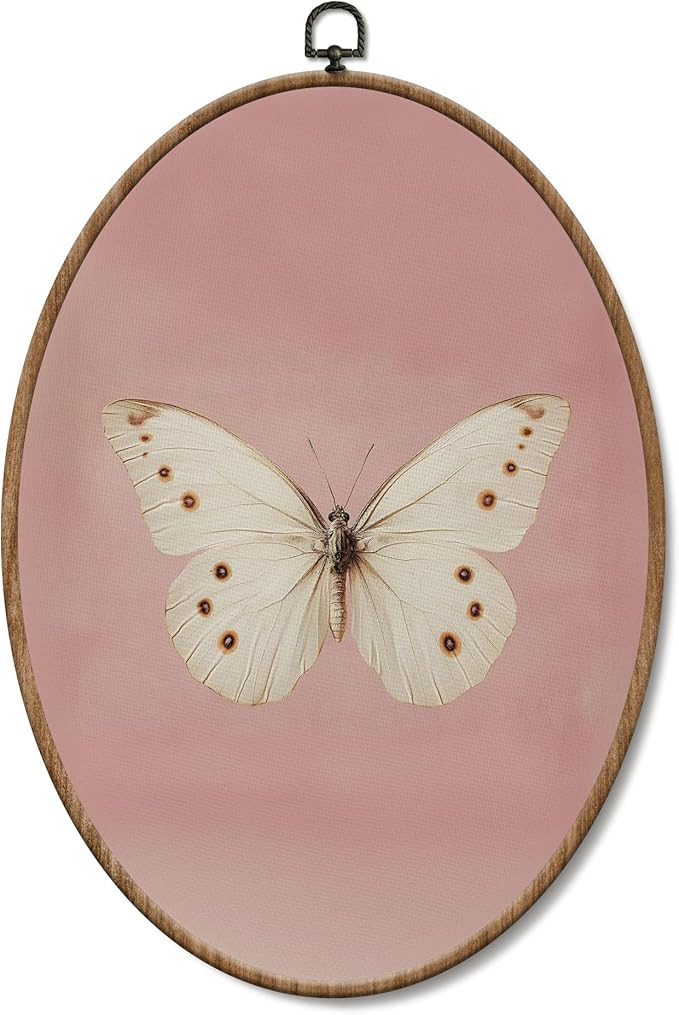 Yorhifa Vintage White Butterfly Framed Wall Art, Neutral Butterfly Oval Wall Art, Retro Pink Aest... | Amazon (US)