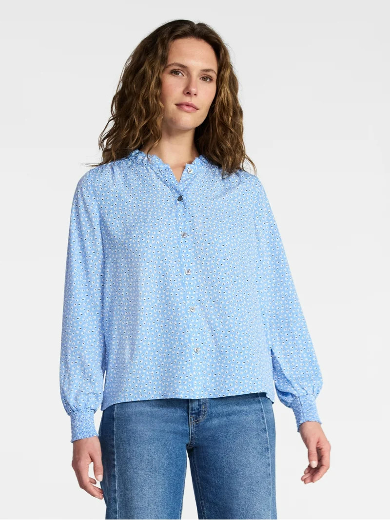 Time and Tru Women's Ruffle Button Down Blouse with Long Sleeves, Sizes XS-XXXL | Walmart (US)