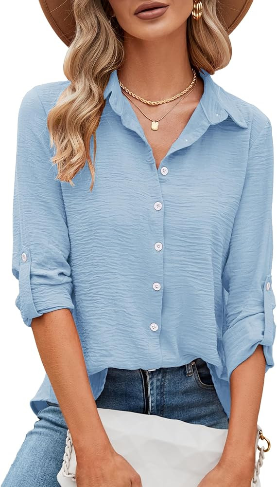 Odosalii Womens Button Down Shirts V Neck Rolled Up Long Sleeve Tops Elegant Dressy Blouses Busin... | Amazon (US)