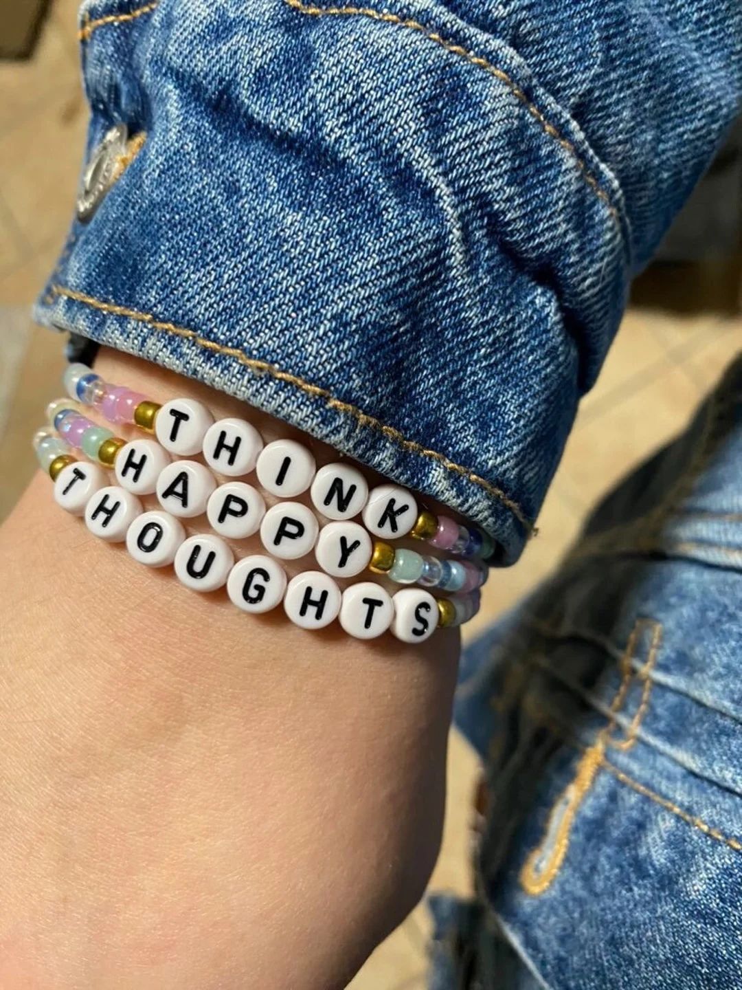 Think Happy Thoughts Multicolor Beaded Stretch Bracelet, Stackable Bracelets, Princess, Castle, T... | Etsy (US)