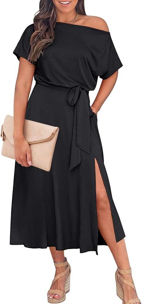 MIHOLL Womens Summer Dress Off Shoulder Short Sleeve Tie Waist Slit Midi Dress with Pocket | Amazon (US)