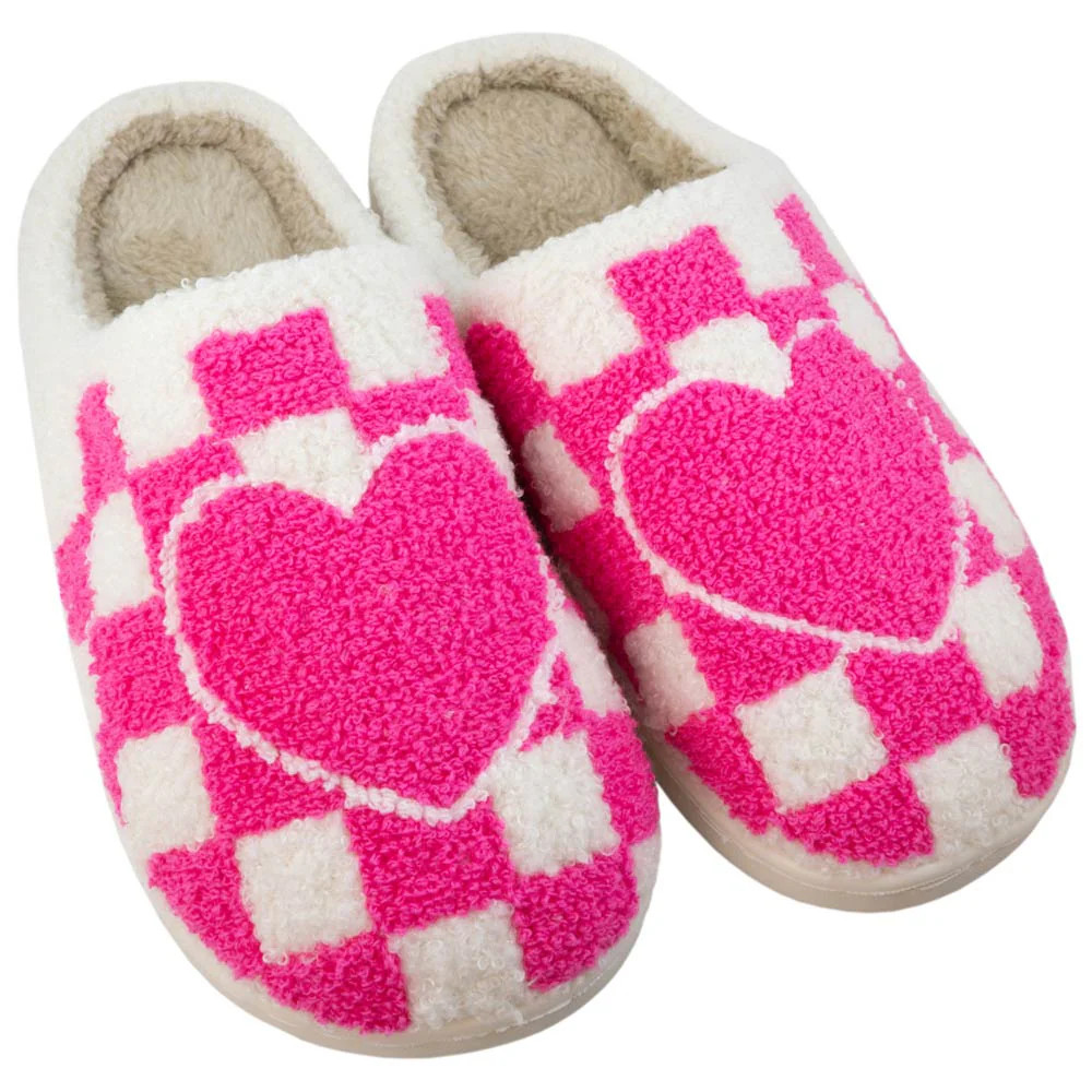 Hot Pink HEART CHECKER Fuzzy Slippers | Katydid.com