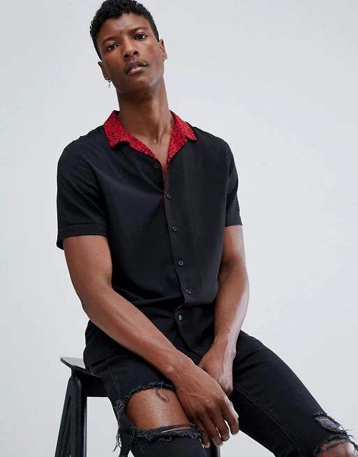ASOS DESIGN regular fit revere leopard print collar shirt in black | ASOS US