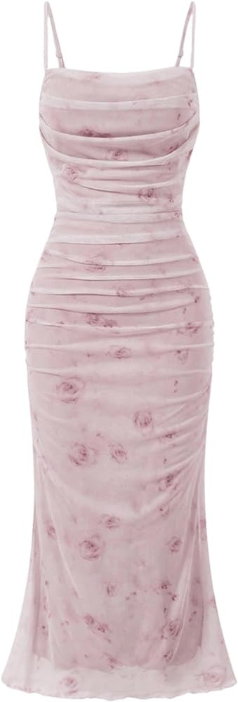 GORGLITTER Women's Floral Ruched Bodycon Midi Dress Mesh Sleeveless Fishtail Cami Dresses | Amazon (US)