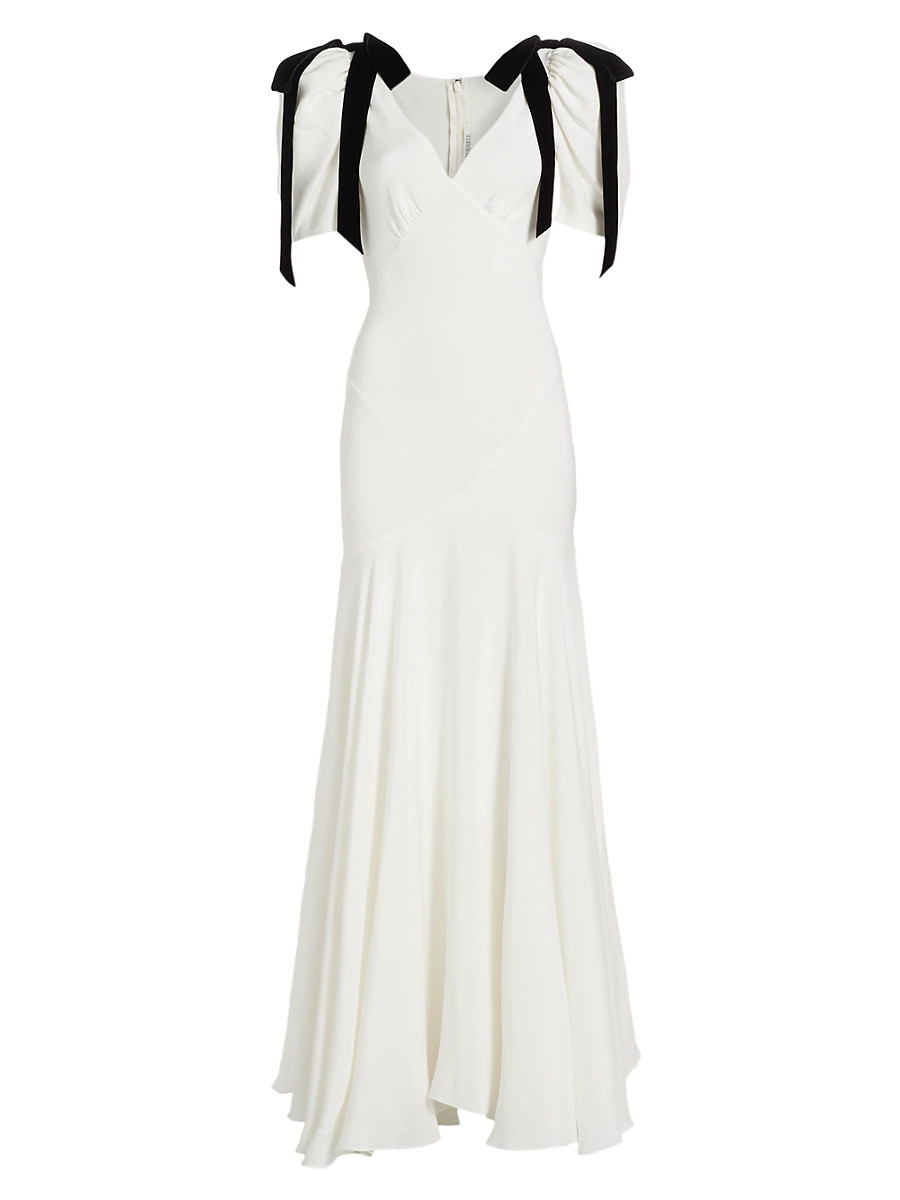 Women's Velvet Ribbon Bow Silk Crepe Bias-Cut Gown - White - Size 6 | Saks Fifth Avenue