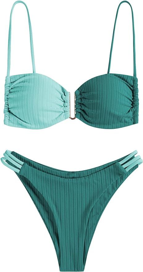ZAFUL Women's Ruch V-Wire Bikini Sets Colorblock Strappy Crop Strap Side High Cut Brazilian 2 Pie... | Amazon (US)