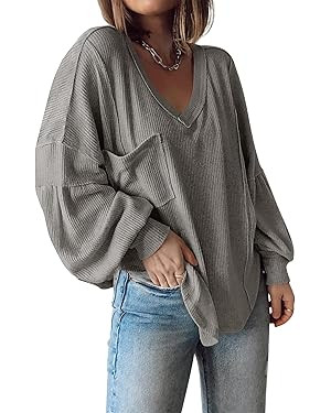 BTFBM Womens Fall Fashion 2025 Long Sleeve Shirts Casual V Neck Ribbed Knit Blouses Pullover Tren... | Amazon (US)
