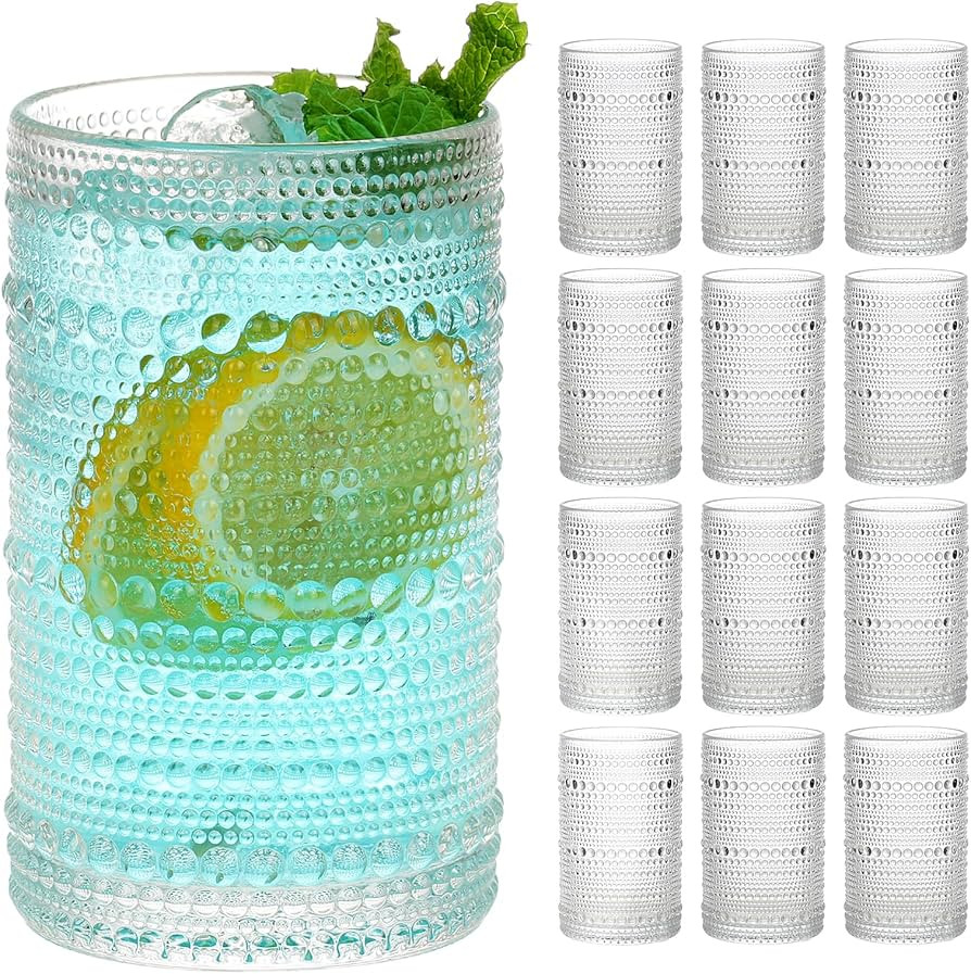 Moretoes Hobnail Drinking Glasses Set of 12,12 Oz Highball Glasses Clear Embossed Boho Water Glas... | Amazon (US)