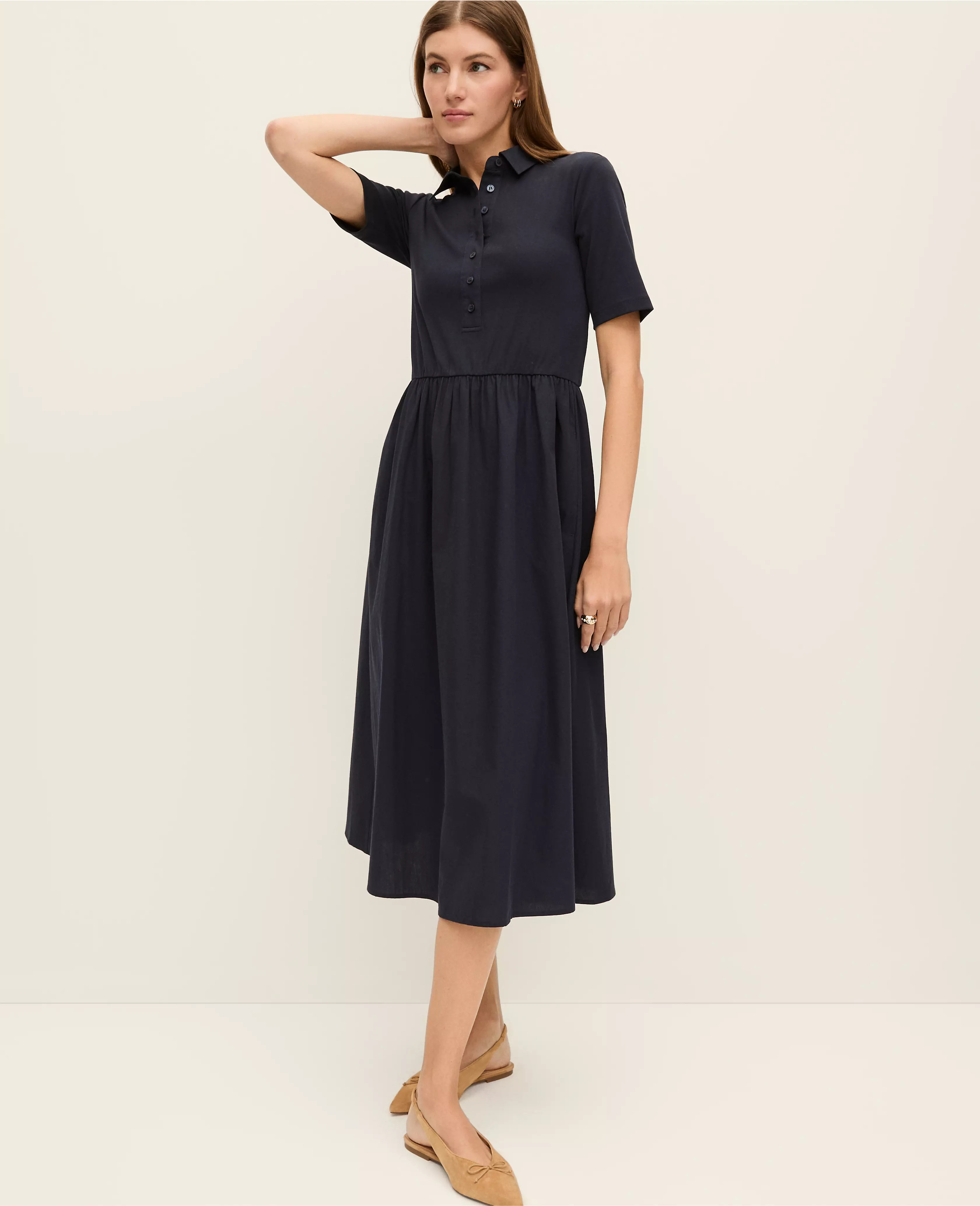 Weekend Collection Collared Mixed Media Midi Dress | Ann Taylor