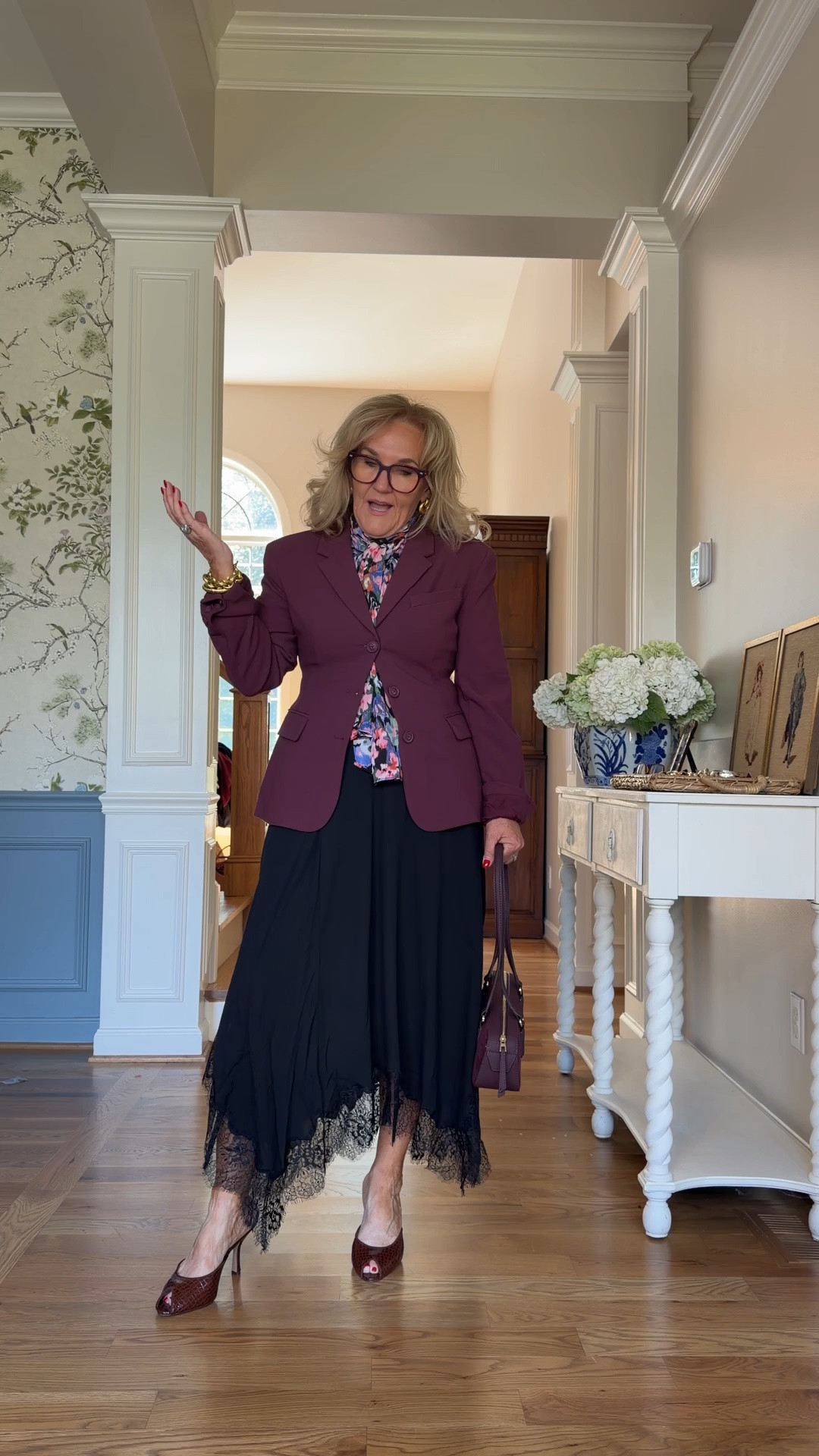 Very fashion forward elevated look 
Wearing a medium in all. The blazer is quite fitted. 
Skirt runs big you can prob size down. 
Blouse is stunning. Size medium. 
Shoes tts

#LTKOver40 #LTKWorkwear #LTKootd