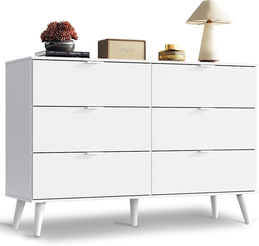 WLIVE 6 Drawer Dresser for Bedroom, 47.24'' Wide Wood Dresser, White Dresser Storage Organizer wi... | Amazon (US)