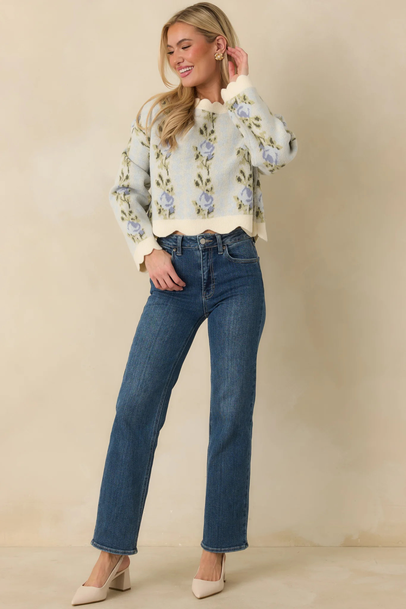 Petal Promises Blue Floral Knit Scallop Edge Sweater | Red Dress