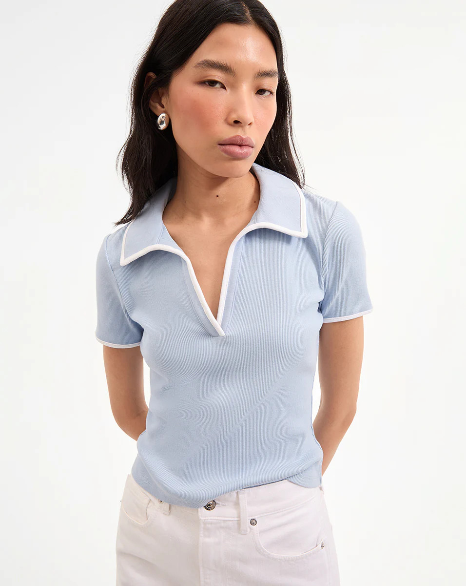 Kearney Short Sleeve Tee With in Light Blue with White Contrast Piping| Veronica Beard | Veronica Beard