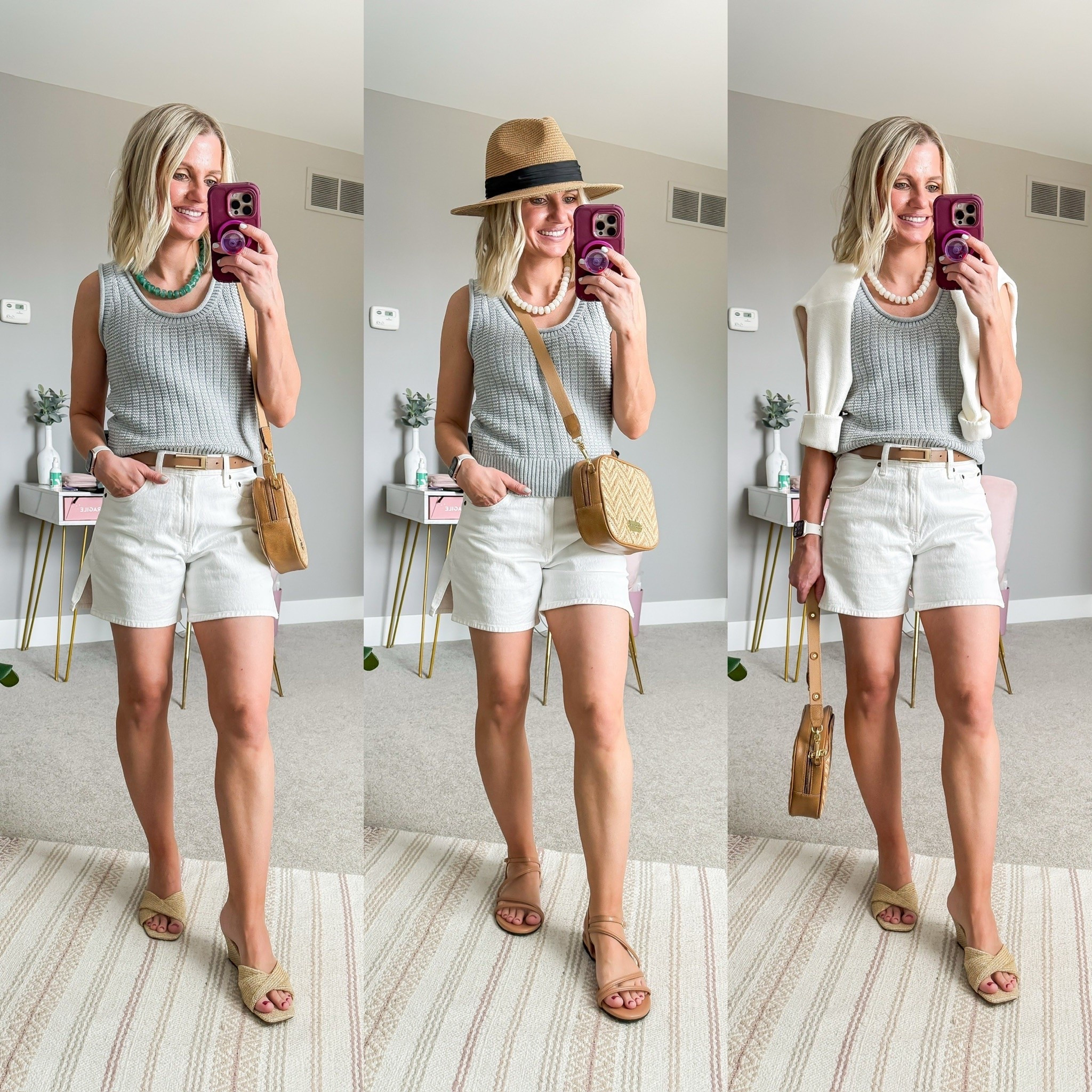 Mom-friendly summer capsule wardrobe. Three outfit ideas with white denim shorts.

#LTKOver40 #LTKSeasonal #LTKPetite