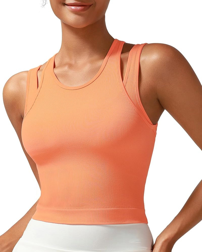 RUNNING GIRL Sports Bras for Women High Impact Seamless Ribbed Longline High Neck Workout Crop Ta... | Amazon (US)