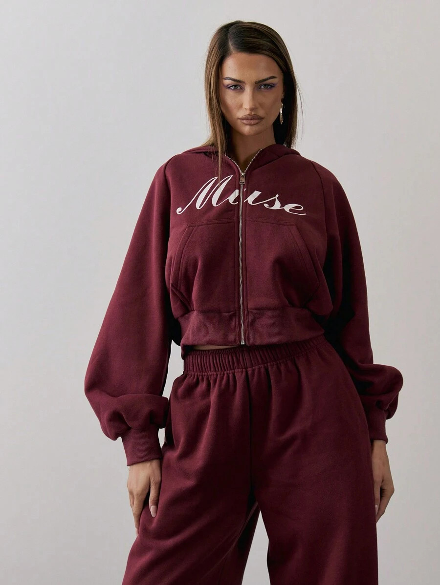 MUSERA Oversized Boxy Fit "Muse" Slogan Print Zip Through Cuffed Hoodie | SHEIN