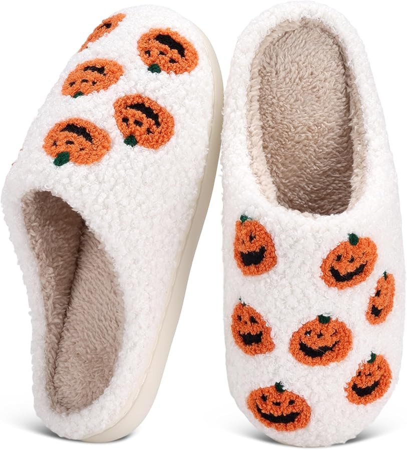 Halloween Slippers for Women Men Spooky Pumpkin Ghost Fuzzy Plush Warm Cozy Slippers Indoor Outdo... | Amazon (US)