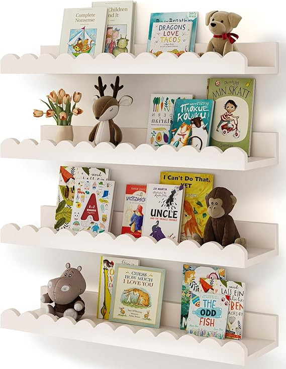 Nursery Book Shelves, 4-Pack White Floating Shelves for Wall Kids, Scalloped Shelves, Wall Book S... | Amazon (US)