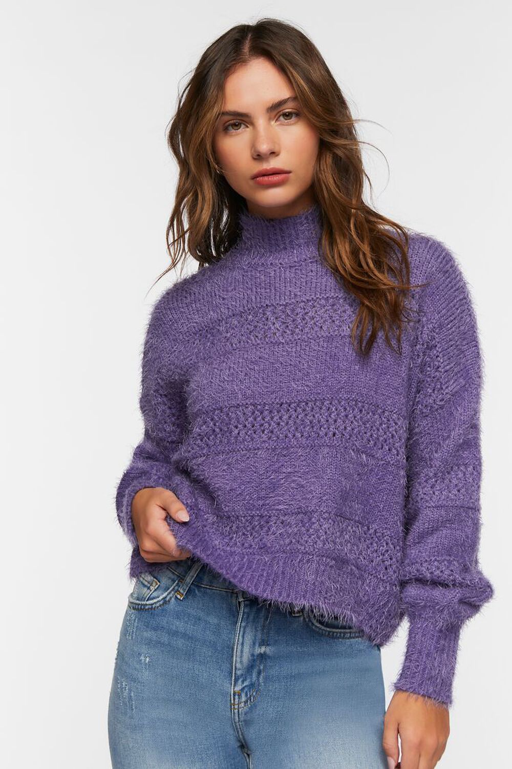 Fuzzy Contrast-Panel Mock Neck Sweater | Forever 21 (US)