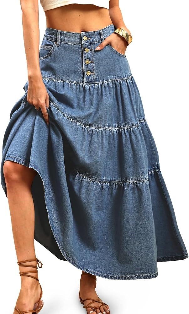 ELLEVEN Women's High Waisted Tiered A-Line Denim Maxi Skirt | Amazon (US)