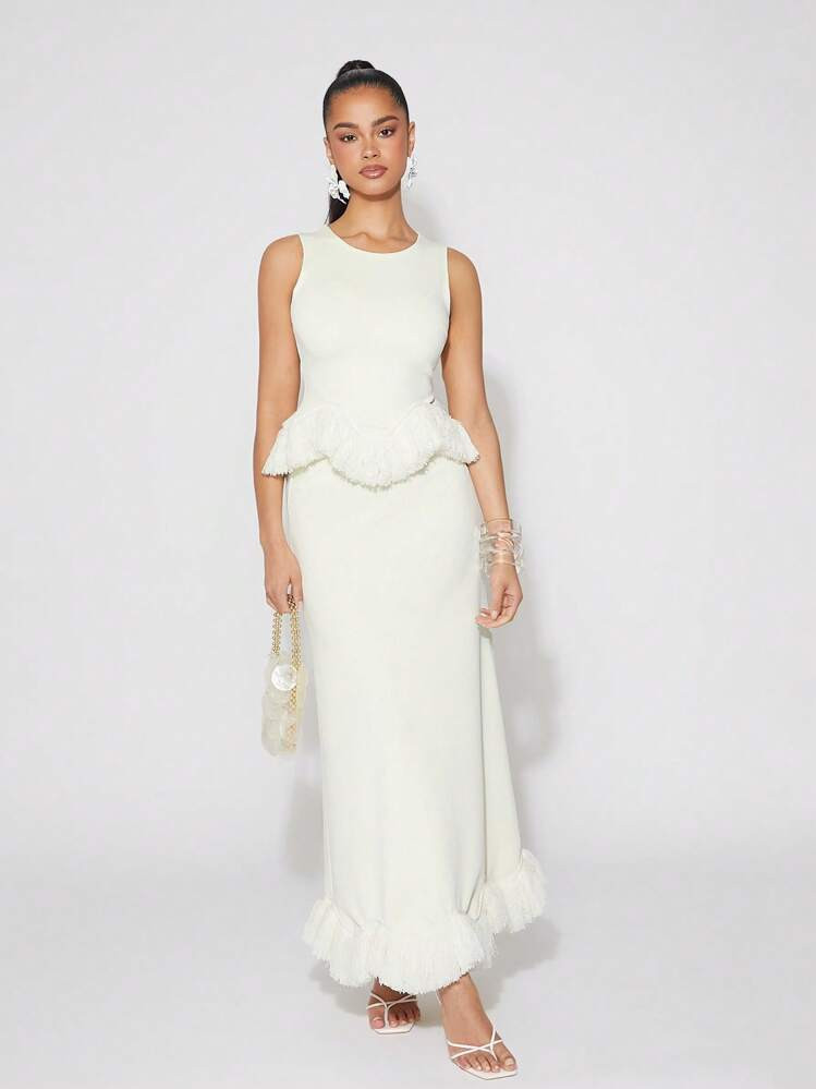 NYA SZN Skirt Maxi Spring Fringe Trim Hem Festival Summer Vacation Brunch Wedding Guest Special Occasion Bridal Dinner Prom Statement Festival Carnival Outfits For Women | SHEIN