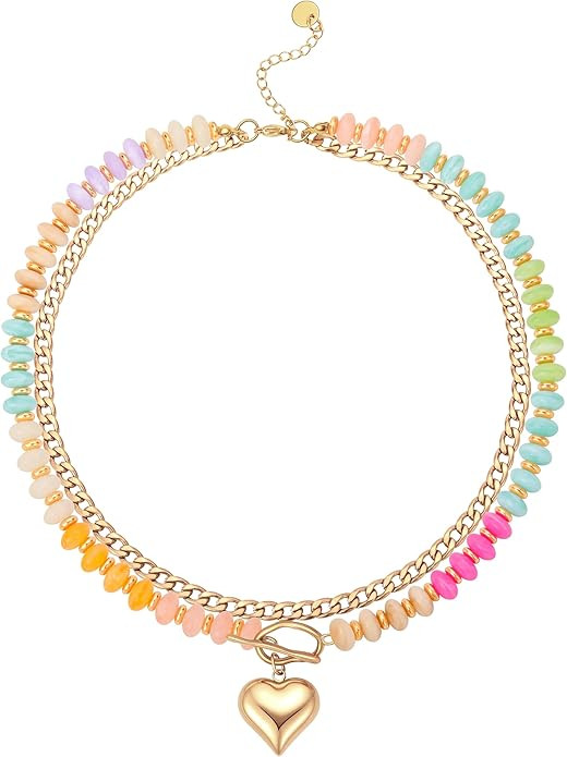 Colorful Beaded Layered Necklaces for Women Multicolor Acrylic Beaded Choker With Guba Chian Stac... | Amazon (US)