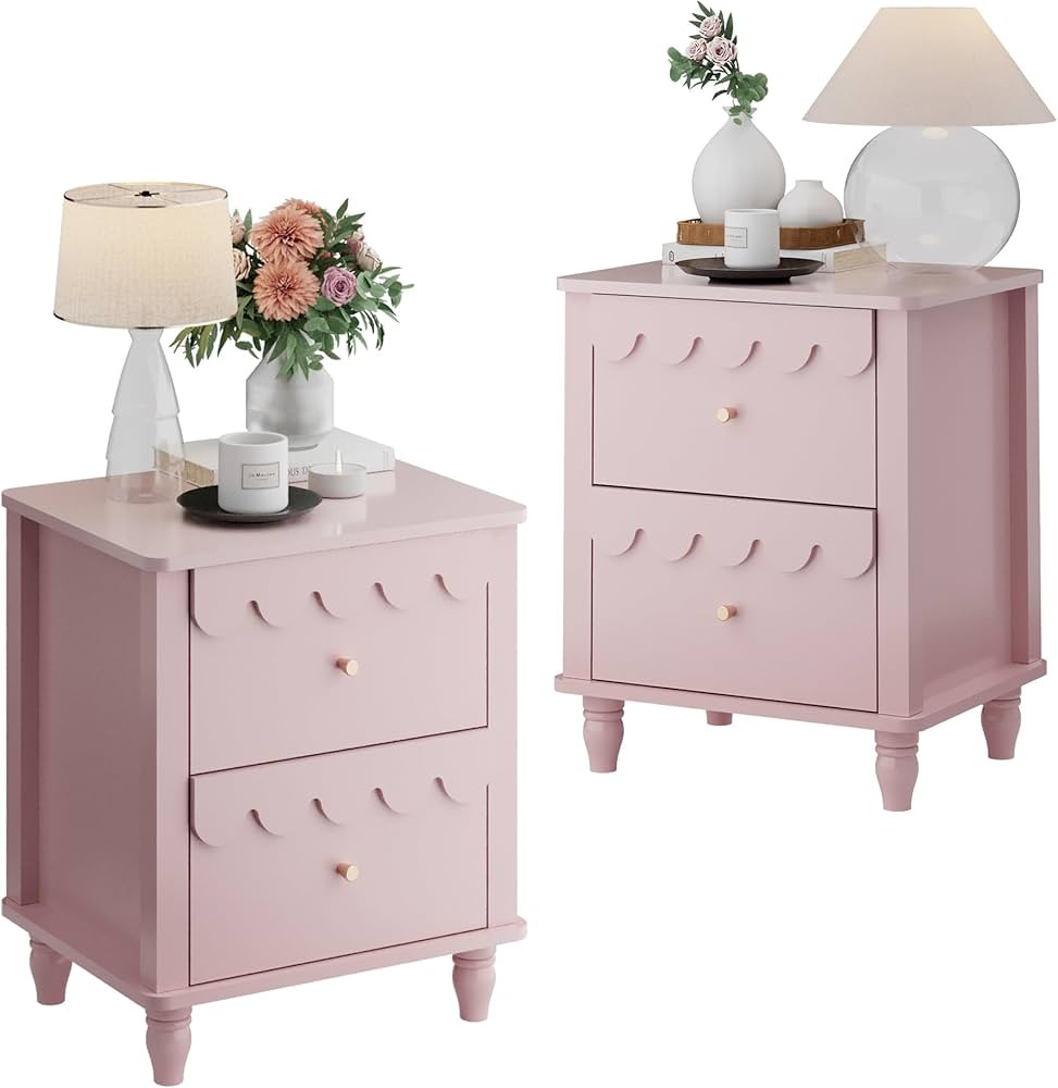 Pink Nightstand Set of 2 with 2 Drawers, Modern Night Stand Set 2 with Petal Pattern for Bedroom,... | Amazon (US)