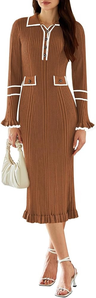 Pink Queen Women's V Neck Bodycon Sweater Dress 2024 Long Sleeve Half Button Slim Fitted Ruffle R... | Amazon (US)