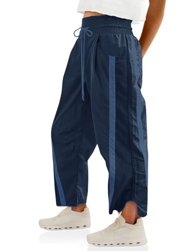 Fisoew Women's Baggy Wide Leg Pants Casual Drawstring Elastic Waisted Contrast Color Workout Y2K Track Pants Navy | Amazon (US)