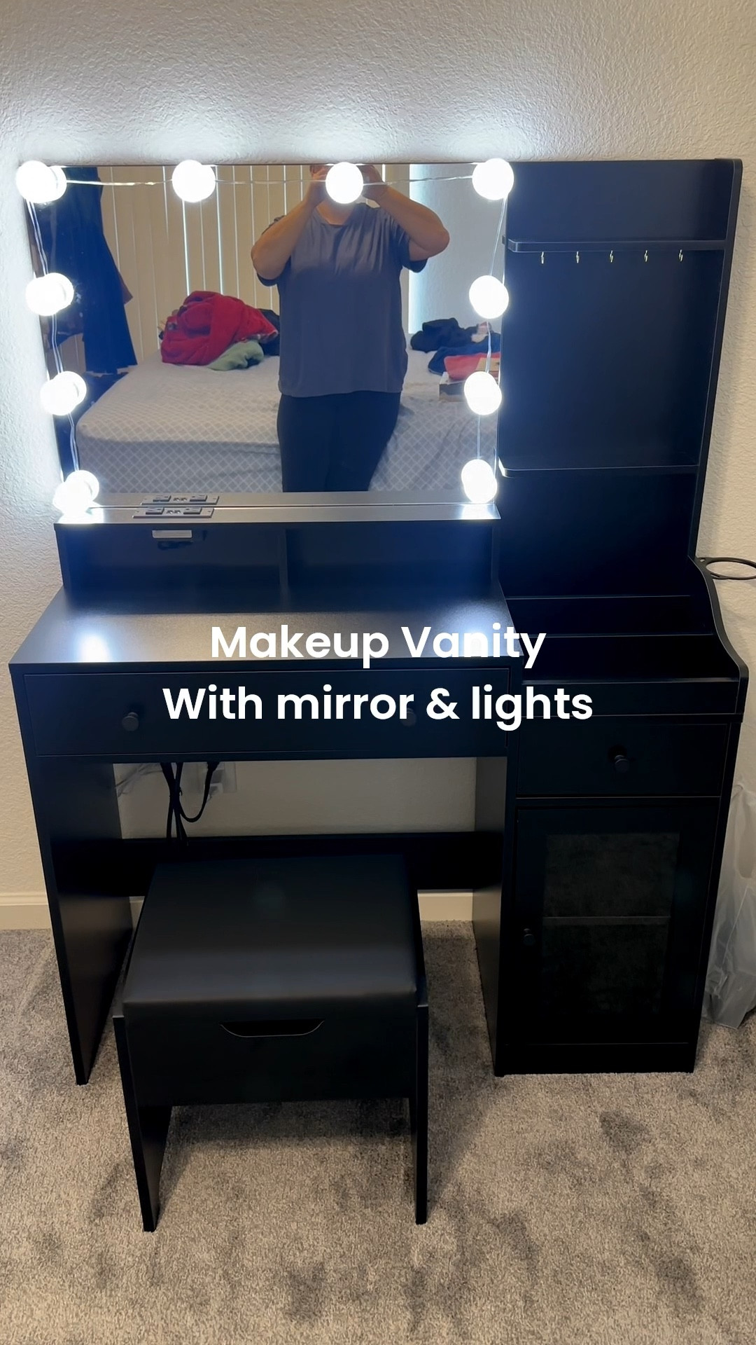 This vanity with mirror and lights is a total game changer for my getting-ready routine 🖤✨ It has 3 adjustable light modes, a built-in charging station, tons of storage compartments, and even comes with a stool. Perfect for bedroom glam setups and staying organized while doing makeup or hair. If you’re looking for a modern makeup vanity table with lights, this one checks ALL the boxes.

#makeupvanity #vanitywithlights
#makeupvanitytable #bedroomvanity
#beautyroom #glamsetup
#vanitytable #makeupstorage
#homedecorfinds #amazonfinds
#tiktokmademebuyit #beautyessentials #vanity


#LTKBeauty #LTKHome #LTKGiftGuide