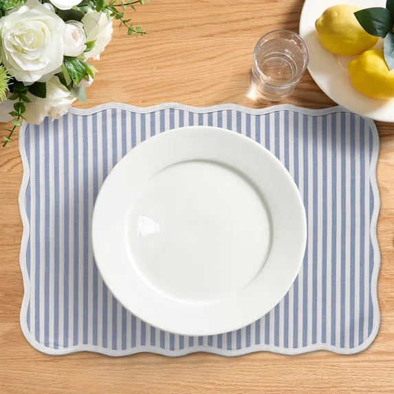 Striped Cotton Scallop Table Placemat, Blue and White, 20" x 14", by My Texas House | Walmart (US)