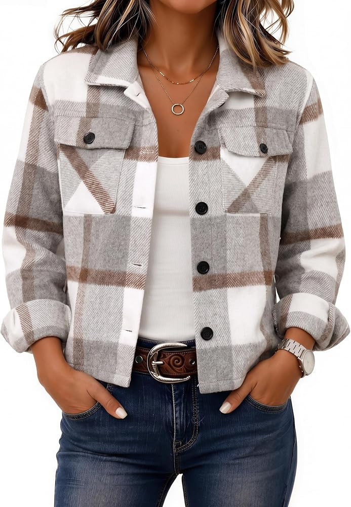 Zeagoo Flannels for Women Cropped Shacket Jacket Fashion Plaid Fall Coat | Amazon (US)