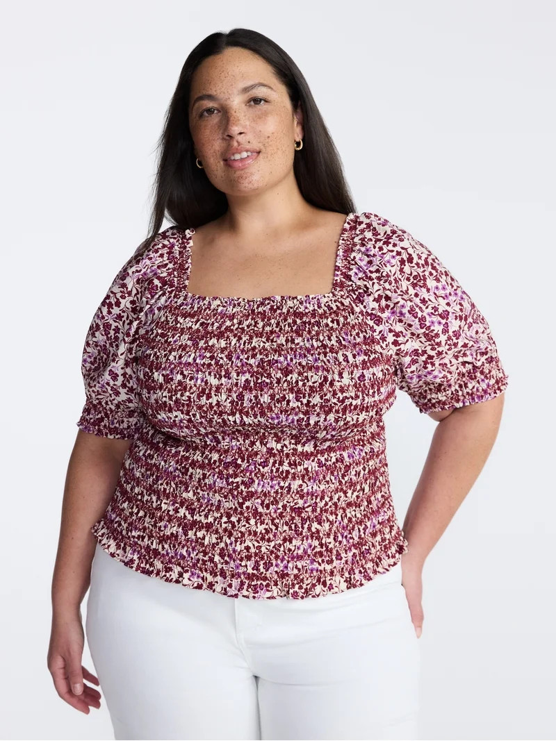 Terra and Sky Women’s Plus Smocked Blouse with Elbow Length Sleeves, Sizes 0X-4X - Walmart.com | Walmart (US)