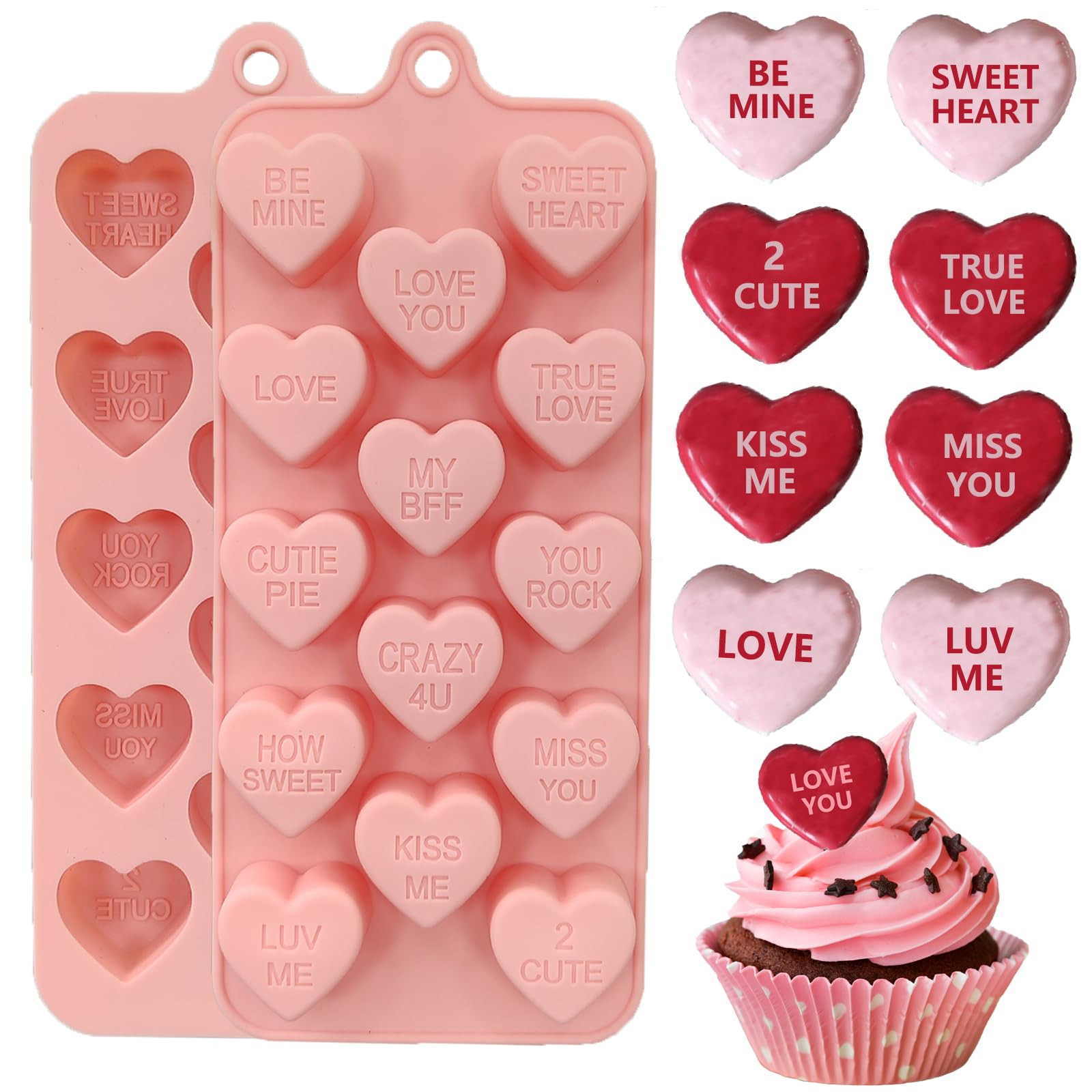 2 Pack Conversation Heart Mold,14 Holes Heart Shaped Silicone Molds for Chocolate, Candy, Hearts ... | Amazon (US)