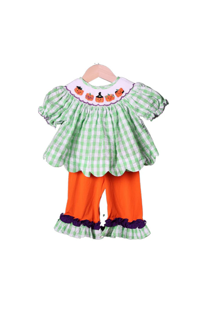 Smocked Playful Pumpkins Green Pant Set | The Smocked Flamingo