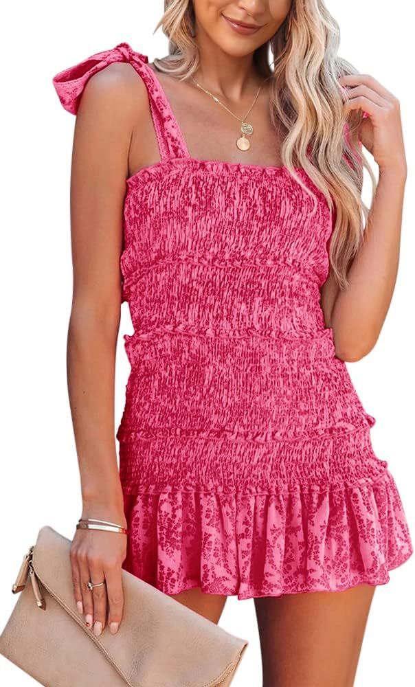 Fazortev Womens Summer Ruffle Smocked Mini Dress Sleeveless Floral Print Tiered Tie Slim Fit Shor... | Amazon (US)