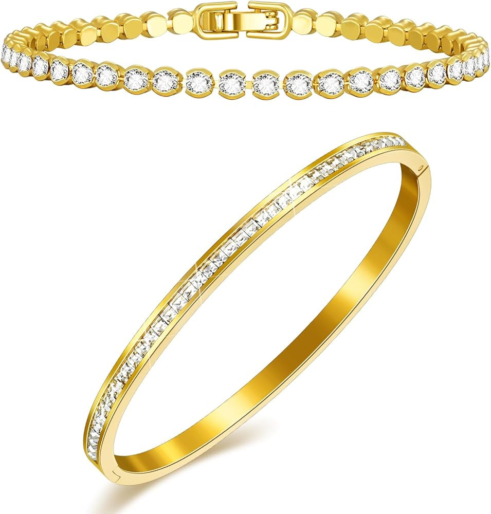 Gold Bracelets For Women 18K Gold Plated Bangle Tennis Bracelets Set,Adjustment Cubic Zirconia Te... | Amazon (US)