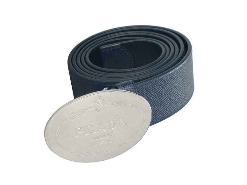 Prada Mens Navy Saffiano Leather Belt Silver Oval Buckle Belt Size 90-36 | JTV Jewelry