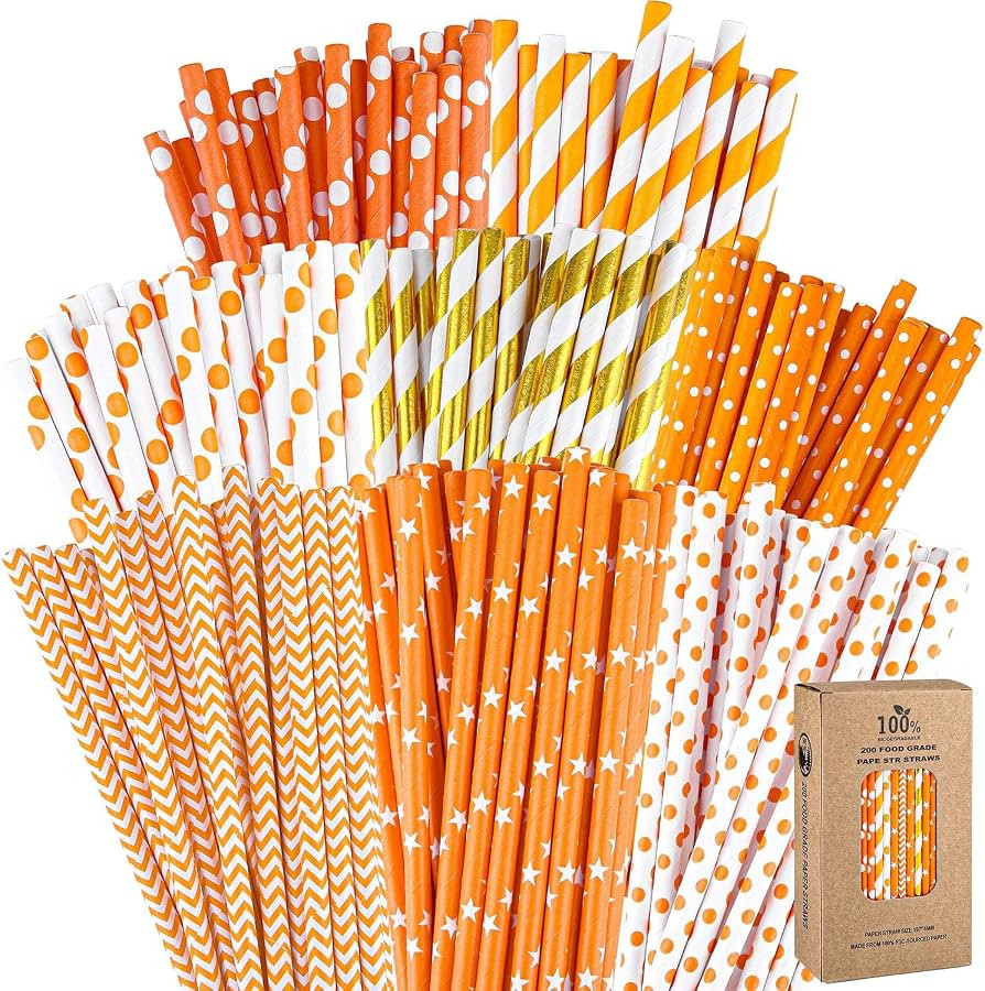 Cooraby 200 Pieces Thanksgiving Paper Straws Orange and Gold Assorted Paper Straws Biodegradable ... | Amazon (US)