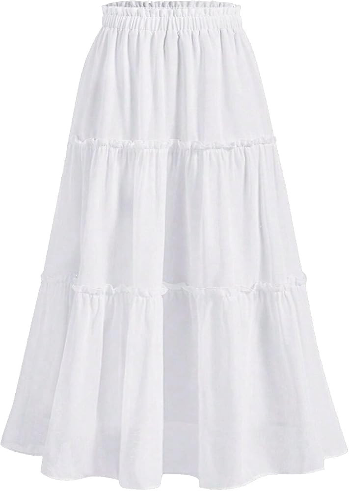 Avanova Women Elastic High Waist A Line Maxi Skirts Layer Ruffle Swing Casual Long Skirts | Amazon (US)