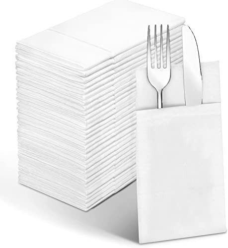 Linen-Feel White Paper Napkins, Cloth Like Dinner Napkins with Built-in Flatware Pocket, Pre-Folded Absorbent Disposable Guest Paper Hand Towels for Bathroom, Weddings Party (50 Pack) | Amazon (US)