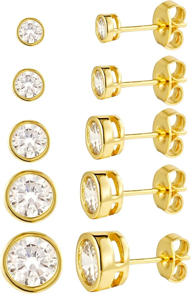 Amazon.com: Kainier 5 Pairs CZ Stud Earrings Set Cubic Zirconia Ear Stud for Women Simulated Roun... | Amazon (US)