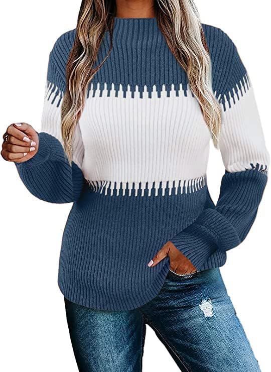 ANDMO Womens Fall Sweater Casual Long Sleeve Turtleneck Colorblock Striped Chunky Pullover Loose ... | Amazon (US)