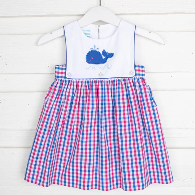 Whale Embroidered Button On Dress Pink & Blue Plaid | Classic Whimsy