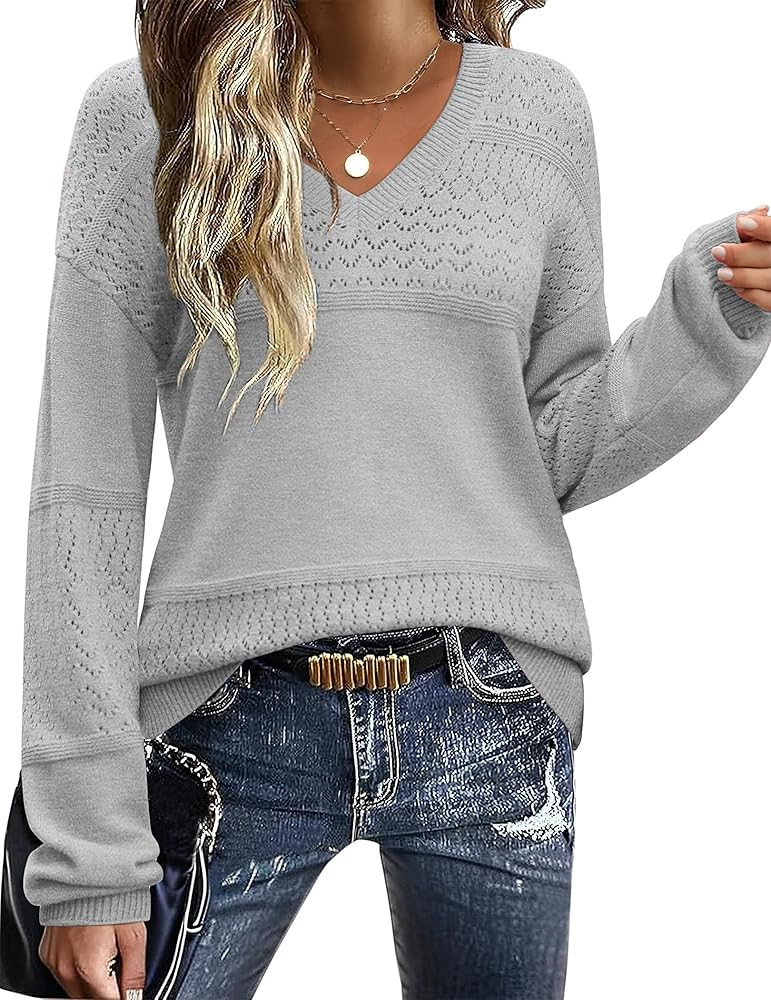Zeagoo 2024 Womens Sweaters V Neck Lightweight Crochet Pullover Sweater Tops Casual Long Sleeve P... | Amazon (CA)