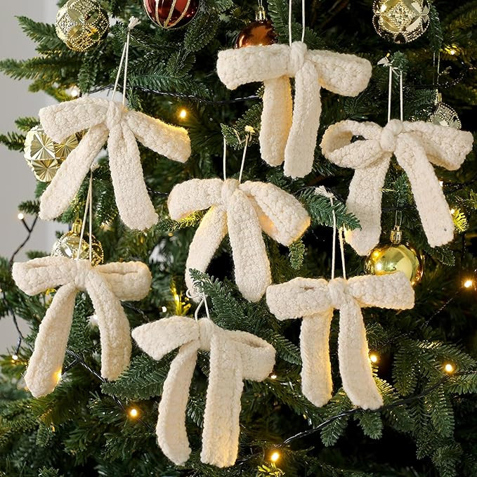 Soulchen 12 Pcs Crochet Christmas Tree Bow Ornaments Neutral Christmas Knitted Ornaments Bownot H... | Amazon (US)